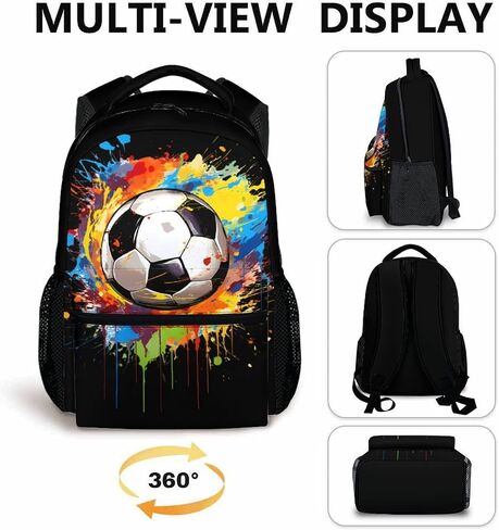 Kids School Backpack for Boys Girls, 16" Black Soccer Backpacks for School, Cool Pattern Large Capacity Bookbag for Elementary in Saudi Arabia