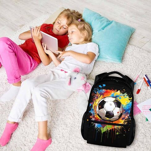 Kids School Backpack for Boys Girls, 16" Black Soccer Backpacks for School, Cool Pattern Large Capacity Bookbag for Elementary in Saudi Arabia