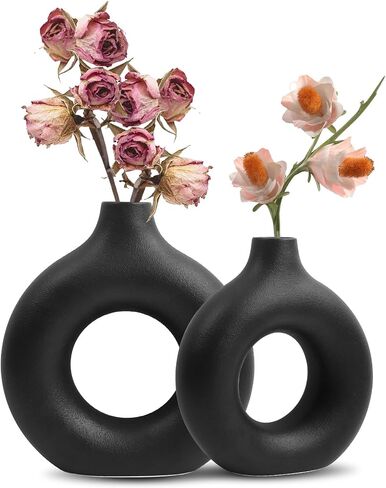 Circle Ceramic Vase Ins Style Circle Vase with Hole Simple Nordic Style, Black Creative Ceramic Vase Decoration, Suitable for Home/Wedding/Party/Dining Table (Large) in Saudi Arabia
