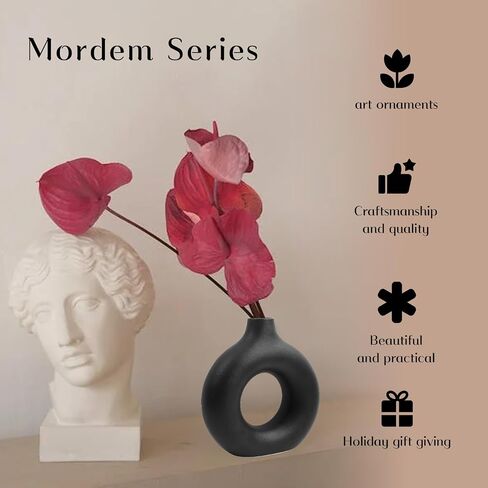Circle Ceramic Vase Ins Style Circle Vase with Hole Simple Nordic Style, Black Creative Ceramic Vase Decoration, Suitable for Home/Wedding/Party/Dining Table (Large) in Saudi Arabia