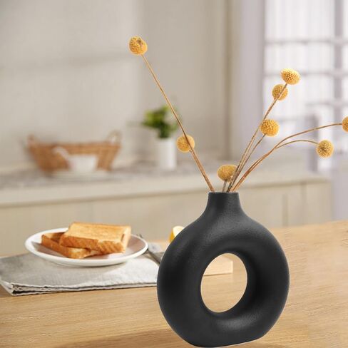Circle Ceramic Vase Ins Style Circle Vase with Hole Simple Nordic Style, Black Creative Ceramic Vase Decoration, Suitable for Home/Wedding/Party/Dining Table (Large) in Saudi Arabia
