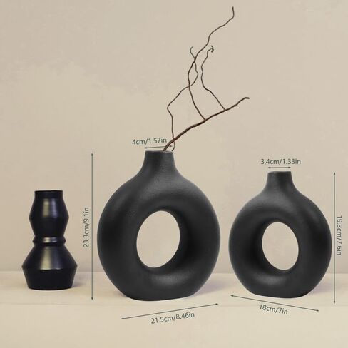 Circle Ceramic Vase Ins Style Circle Vase with Hole Simple Nordic Style, Black Creative Ceramic Vase Decoration, Suitable for Home/Wedding/Party/Dining Table (Large) in Saudi Arabia