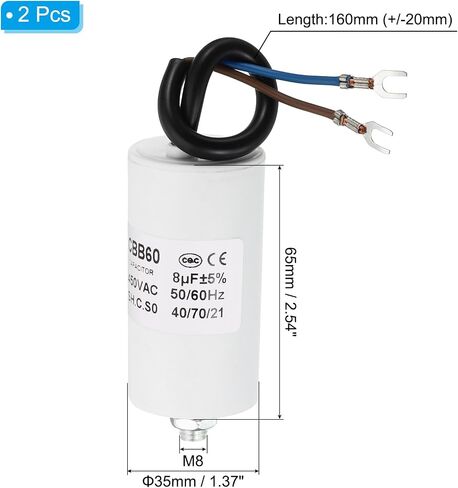 PATIKIL 8uf CBB60 Run Capacitor,2Pcs AC 450V U Terminal Wires 50/60Hz Cylinder Bottom with M8 Screw for Washing Machine, Cleaning Machine Pump Motor Star in Saudi Arabia