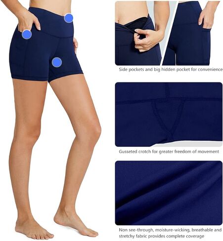 BALEAF Biker Shorts Women Yoga Gym Workout Spandex Running Volleyball Tummy Control Compression Shorts with Pockets 5" 2-Pack Black/Navy Blue S in Saudi Arabia