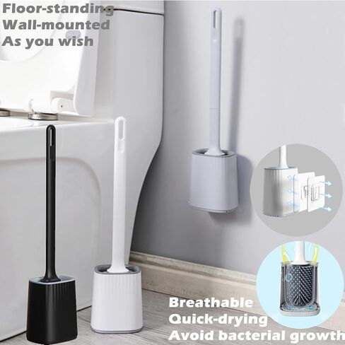 Toilet Brush,Elegant Toilet Bowl Brush and Holder,Flexible Toilet Bowl Cleaner Brush,Silicone Bristles Bathroom Toilet Scrubber Rim Deep Cleaning,Wall Mounted No Drip Fast Dry Holder Set…(Gray in Saudi Arabia