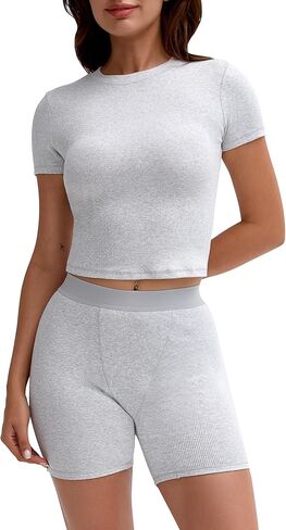Two Piece Outfits for Women Matching Set Tracksuit Casual Workout Clothes Cotton Ribbed T-shirt Boxer Shorts in Saudi Arabia