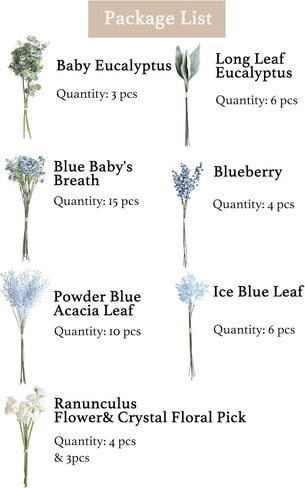 Lookein Artificial Green Stems Bulk, 82 Pcs with 6 Kinds Fake Greenery Filler Stems for Greenery Wedding Bouquet with Artificial Eucalyptus Stem for Centerpieces for Vases, Blessed White in Saudi Arabia