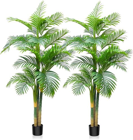 Artificial Palm Tree 7FT 3Trunks 27Leaves Golden Cane Palm Artificial Tree Palm Tree UV Resistant Fake Plant in Pot for Indoor Outdoor Decor Green 2Pcs in Saudi Arabia