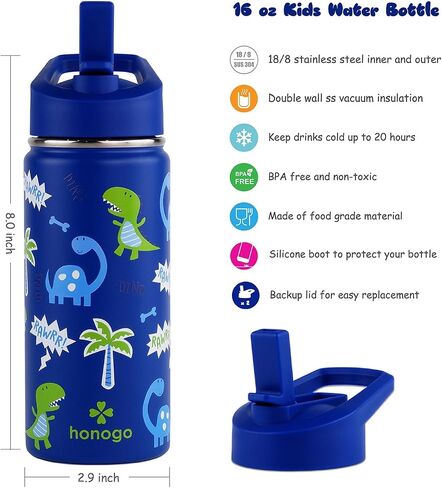 16 oz Stainless Steel Insulated Kids Water Bottle, Leak Proof Metal Thermos Flask with Straw lid, Cute Toddler Tumbler Cup for School Girls & Boys (Beige, Unicorn) in Saudi Arabia