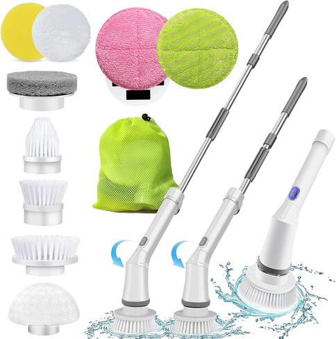 Electric Spin Scrubber, Cordless Shower Scrubber with Long Handle & 9 Replaceable Cleaning Brush Heads, 1.5H Dual Speed Bathroom Scrubber Electric Scrub Brush for Car Bathtub Grout Tile Floor in Saudi Arabia