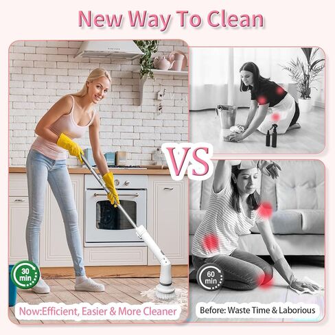 Electric Spin Scrubber, Cordless Shower Scrubber with Long Handle & 9 Replaceable Cleaning Brush Heads, 1.5H Dual Speed Bathroom Scrubber Electric Scrub Brush for Car Bathtub Grout Tile Floor in Saudi Arabia