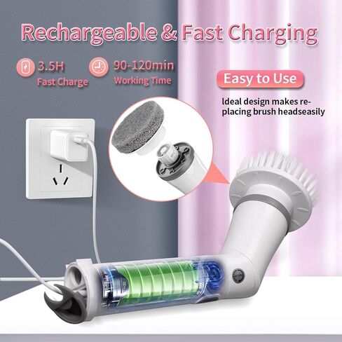 Electric Spin Scrubber, Cordless Shower Scrubber with Long Handle & 9 Replaceable Cleaning Brush Heads, 1.5H Dual Speed Bathroom Scrubber Electric Scrub Brush for Car Bathtub Grout Tile Floor in Saudi Arabia
