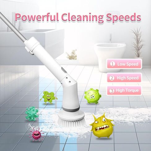 Electric Spin Scrubber, Cordless Shower Scrubber with Long Handle & 9 Replaceable Cleaning Brush Heads, 1.5H Dual Speed Bathroom Scrubber Electric Scrub Brush for Car Bathtub Grout Tile Floor in Saudi Arabia