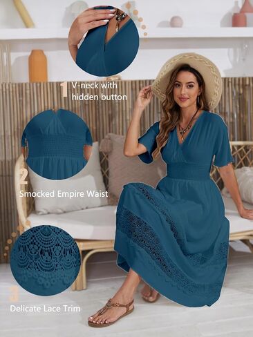 S. Adriana Boho Maxi Dress for Women 2024 Summer V Neck Lace Wedding Guest Dress Smocked Waist Bohemian Long Flowy Dresses in Saudi Arabia