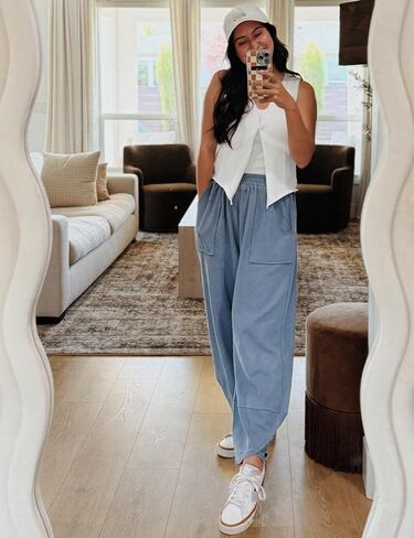 بنطال Hooever نسائي واسع الساق كاجوال فضفاض بجيوب Palazzo Harem Pants صالة in Kuwait