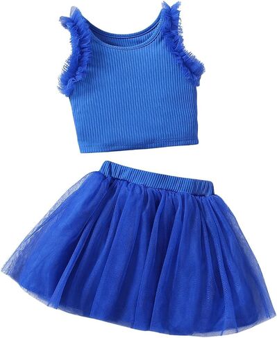 SHENHE Girl's 2 Piece Outfits Frill Trim Ribbed Knit Crewneck Tank Top and Tulle Skirt Set in Saudi Arabia