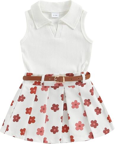 BeQeuewll Toddler Baby Girl Summer Clothes Daisy Flower Girl Outfit Knit Shirt Mini Pleated Skirts Set Outfits for Grils1-4T in Saudi Arabia