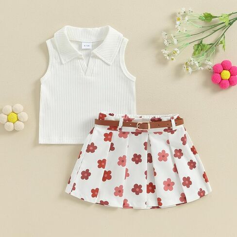 BeQeuewll Toddler Baby Girl Summer Clothes Daisy Flower Girl Outfit Knit Shirt Mini Pleated Skirts Set Outfits for Grils1-4T in Saudi Arabia