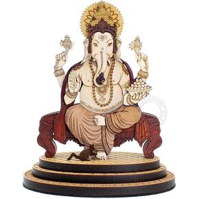 4 Inch Lord Ganesha - Ganpati Wood Carved Statue in Exotic Hard Woods - Multi Layered Hand Made Wooden Lord Ganesha Idol for Car Dashboard, Home, Office, and Travel