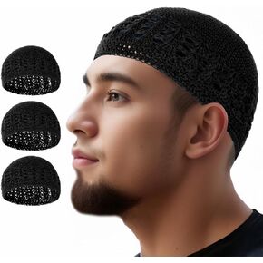 3PCS Muslim Prayer Knitted Kufi Hat Islamic Prayer Kufi Cap Men Muslim Beanie Kufi Hat Turkish Arabian Eid Gift