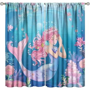 Mermaid Curtains Colorful Galaxy Mermaid Pattern Blackout Print Rod Pocket Window Drapes for Bedroom Living Room 42x45in