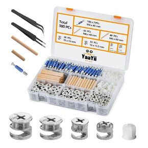 Cam Lock for Furniture Assortment Kit 380 PCs - Include 300 Cam Bolt & Nuts set, 80 Wood Dowel Pins As Furniture Connecting Hardware Parts for Cabinet, Closet, Drawer, Wardrobe and more