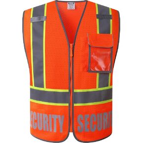 Retro-Reflection Security Safety Vests Heavy Duty Black Mesh with 5 Pockets and Front Zipper Meet ANSI/ISEA 107-2015 (Black-22, Large)