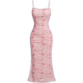 SOLY HUX Women's Floral Print Mesh Ruched Bodycon Cami Dress Spaghetti Strap Summer Long Dresses