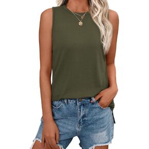 AUTOMET Tank Tops for Women Sleeveless Summer Tops 2024 Casual Basic Tops Crewneck Loose Fit Blouses Side Split Shirts