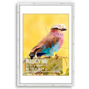 Rustic White 20x30 Frame - Single Frame, 20 x 30 Poster Frame with Mat for 18x24, Picture Frames for Artwork, Puzzles, Photos and Movie Posters