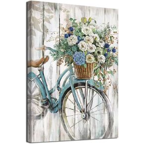 LAIART Farmhouse bathroom wall decor canvas art blue Retro bike picture print flower artwork for bedroom dining living room(16"x24")