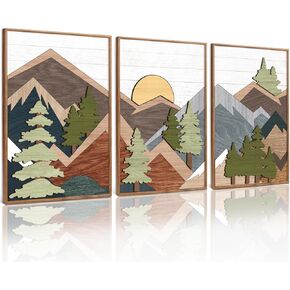TOARTi Framed Wood Panel Woodland Mountain Forest Landscape Wall Decor (16"x24"), Vintage Nature Wilderness Farmhouse Wall Art, Mid Century Modern Sunrise Wooden Cut Decor for Farmhouse Bedroom Living Room