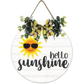 Hello Sunshine Wooden Hanging Sign Summer Welcome Sign Front Door Decor with Lemon Bowknot Rustic Farmhouse Wood Sign Door Hanger for Spring Summer Holiday Home Office Shop Window Wedding Decor 12x12