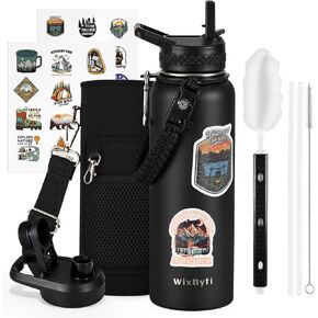 64 oz Insulated Water Bottle with Straw, Stainless Steel Sports Water Jug, Triple Wall Vacuum Cold for 48 Hrs, Leakproof Hydro Cup Flask with Paracord Handle & Straw Spout Lids & DIY Stickers