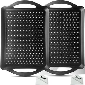 Non Slip Food Serving Tray with Handles, 2-Pack Rectangle Anti-Slip Non-Toxic Dishwasher Safe Tray for Snack Fruit Dessert Breakfast Drink (Black)
