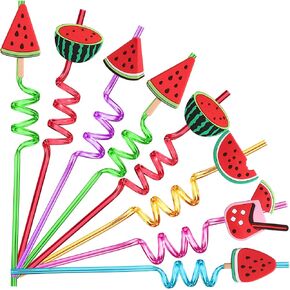 24 PCS Watermelon Drinking Straws Reusable Fruit Plastic Beverages Cocktail Straw with Cartoon Decoration for Kids Watermelon Party Supplies for One in A Melon Birthday Party Favors