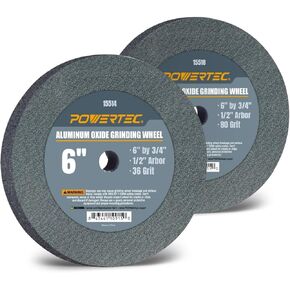 POWERTEC 15546 Bench and Pedestal Grinding Wheels, 6 Inch x 3/4 Inch, 1/2 Arbor, 36/80 Grits Assorted, Aluminum Oxide Bench Grinder Wheel for Bench Grinder, 2 PK