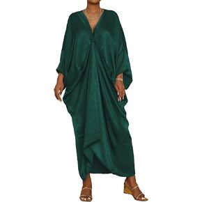 Bsubseach Kaftan Dresses for Women Satin V-Neck Caftan Coverups Dress Long Plus Size Beach Cover Up