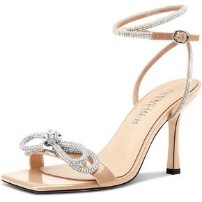 Womens Stiletto High Heel Open Square Toe Sandals Ankle Strap Two-Piece Buckle Rhinestone Crystal Bow-knot Prom Dress Summer 3.5 Inches Heels
