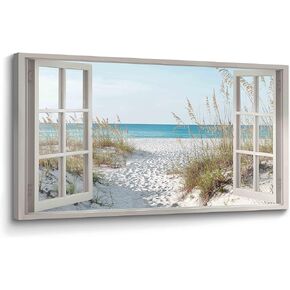 Beach Window Wall Art Canvas: Relaxing Bedroom Living Room Blue Ocean Coastal Scene Picture Modern Tropical Sea Landscape Painting Print Decor Horizontal Summer Seascape Artwork for Home