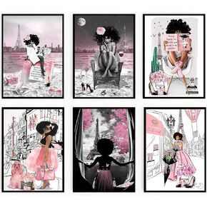 LOARTVE 6Pcs African American Wall Art Black Girl Pink Fashion Wall Decor Pictures Abstract Black Woman Canvas Poster Prints for Teen Girl Living Room Bedroom Home Decoration Unframed