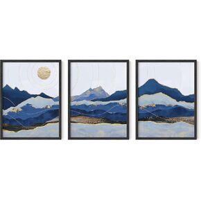 HAUS AND HUES Mountain Wall Art - مجموعة ملصقات فنية جبلية زرقاء مكونة من 3، ملصقات طبيعية وديكور جداري فني للمناظر الطبيعية، فن حائط تجريدي أزرق، فن حائط أزرق لغرفة المعيشة (12 × 16، غير مؤطر)