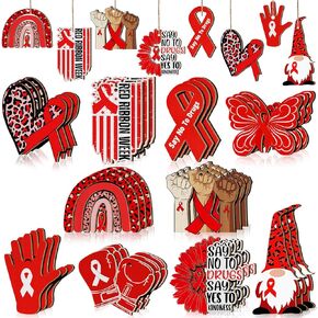 Qunclay 30 Pcs Red Ribbon Week Decoration Red Ribbon Prevention Awareness Hanging Wooden Sign Ornament for Tree Hope Believe Survivor Table Party Decor