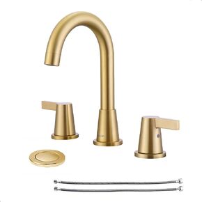 NEWATER Brushed Gold Bathroom Faucet 2-Handle Gold Widespread Bathroom Sink Faucet 3-Holes Lavatory Faucet with Pop-up Drain Assembly and Faucet Supply Lines