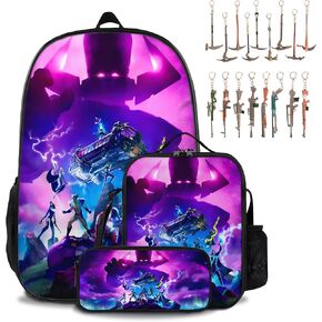 4-Piece Teenagers Game Backpack Sets, Boys Girls Hero Adjustable Shoulder Strap BookBag with Insulated Lunch Bag, Pencil Bag and Key Chain Tag, Lightweight Large Capacity Casual Backpack for Kid in Saudi Arabia