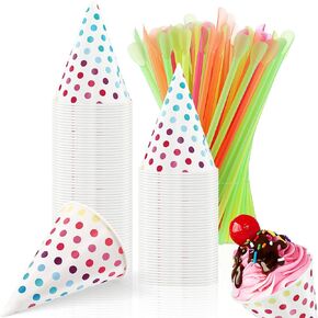 Disposable Snow Cone Cups and Spoon Straws Set Colored Polka Dot Leakproof Cone Paper Cups and Multicolor Fun Straws For Slush Shaved Ice Cream Sorbet Water (100 Set, 3.7 oz)