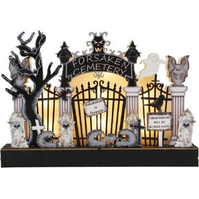 Indoor Halloween Decorations, Spooky Cemetery Tabletop Light Wooden Halloween Decor, Battery Operated Halloween Home Decor for Haunted House Indoor Outdoor Party Halloween Theme Decorations