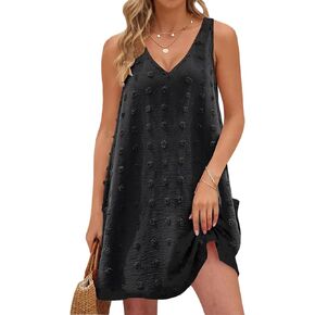Womens Casual Sun Beach Dresses Swimsuit Swiss Polka Dot Beach Cover Up Sleeveless V Neck Tank for 2024 Vacation