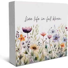 Floral Decor Wood Box Sign Desk Decor, Spring Decor Wooden Box Sign Decoration For Home Office, Spring Signs Decor, Colorful Flower Shelf Decor, Live Life In Full Bloom Shelf Table Decor