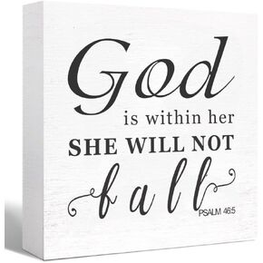 Wooden Box Sign,God is within Her She Will not Fall Psalm 46 : 5 Bible Verse Artwork Wood Box Sign Home Office Decor Rustic Farmhouse Square Desk Decor Wood Block Plaque Sign for Shelf 5 x 5 In